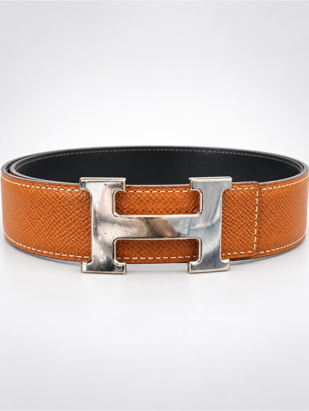 Hermès H Buckle Leather Belt – Tan/Cognac with Silver-Tone Hardware